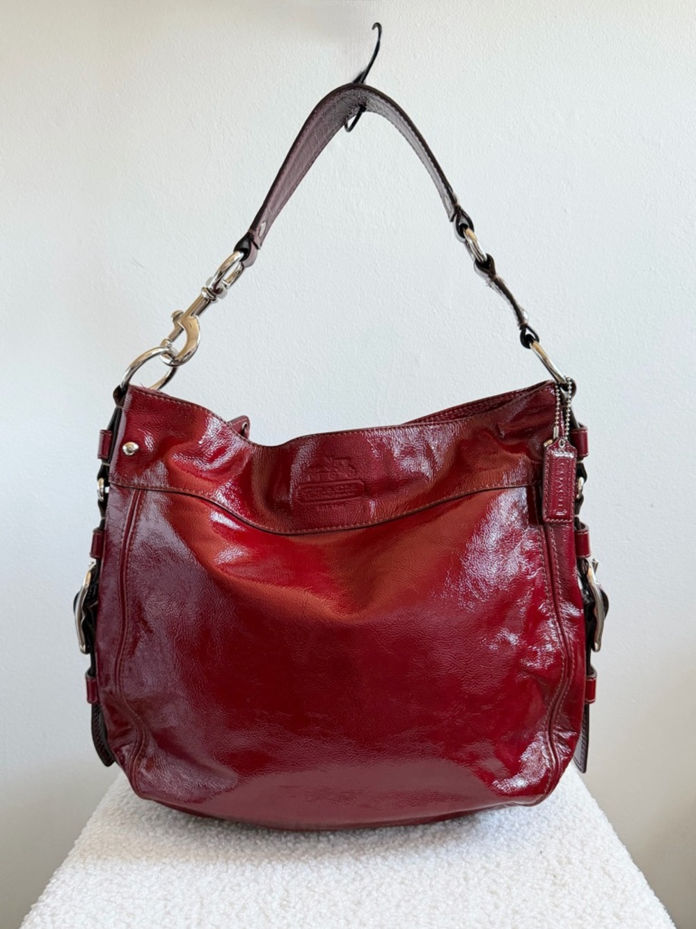 Vintage Coach Zoe Large Patent Leather Shoulder Bag Cherry Red Silver Hardware